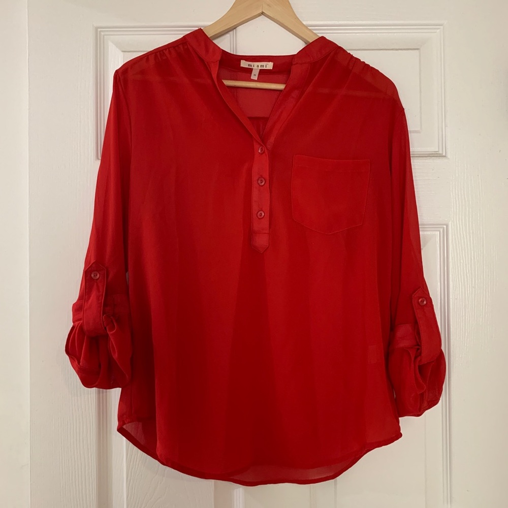 Miami red sheer top with button detail
